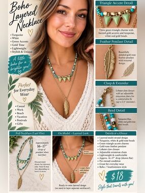 Layered Turquoise & Gold Feather Necklace - Women's Jewelry